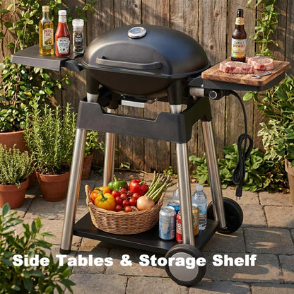 Electric Grill Outdoor Grill, 1500W Power, 277 Sq.In Cooking Area, Removable Wheeled Cart Style, Indoor/Outdoor Eletric Grill, Nonstick Grill Grate, Built-In Thermometer BBQ Grill