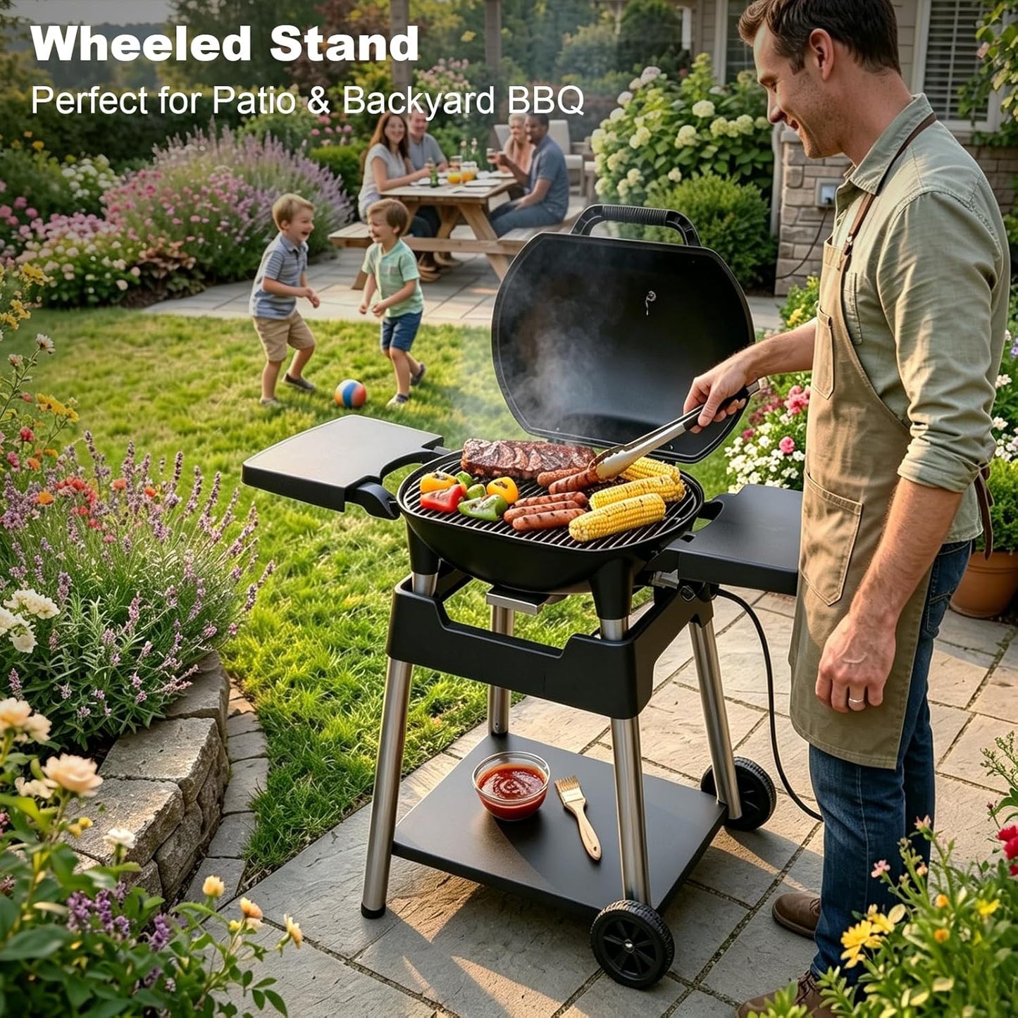 Electric Grill Outdoor Grill, 1500W Power, 277 Sq.In Cooking Area, Removable Wheeled Cart Style, Indoor/Outdoor Eletric Grill, Nonstick Grill Grate, Built-In Thermometer BBQ Grill