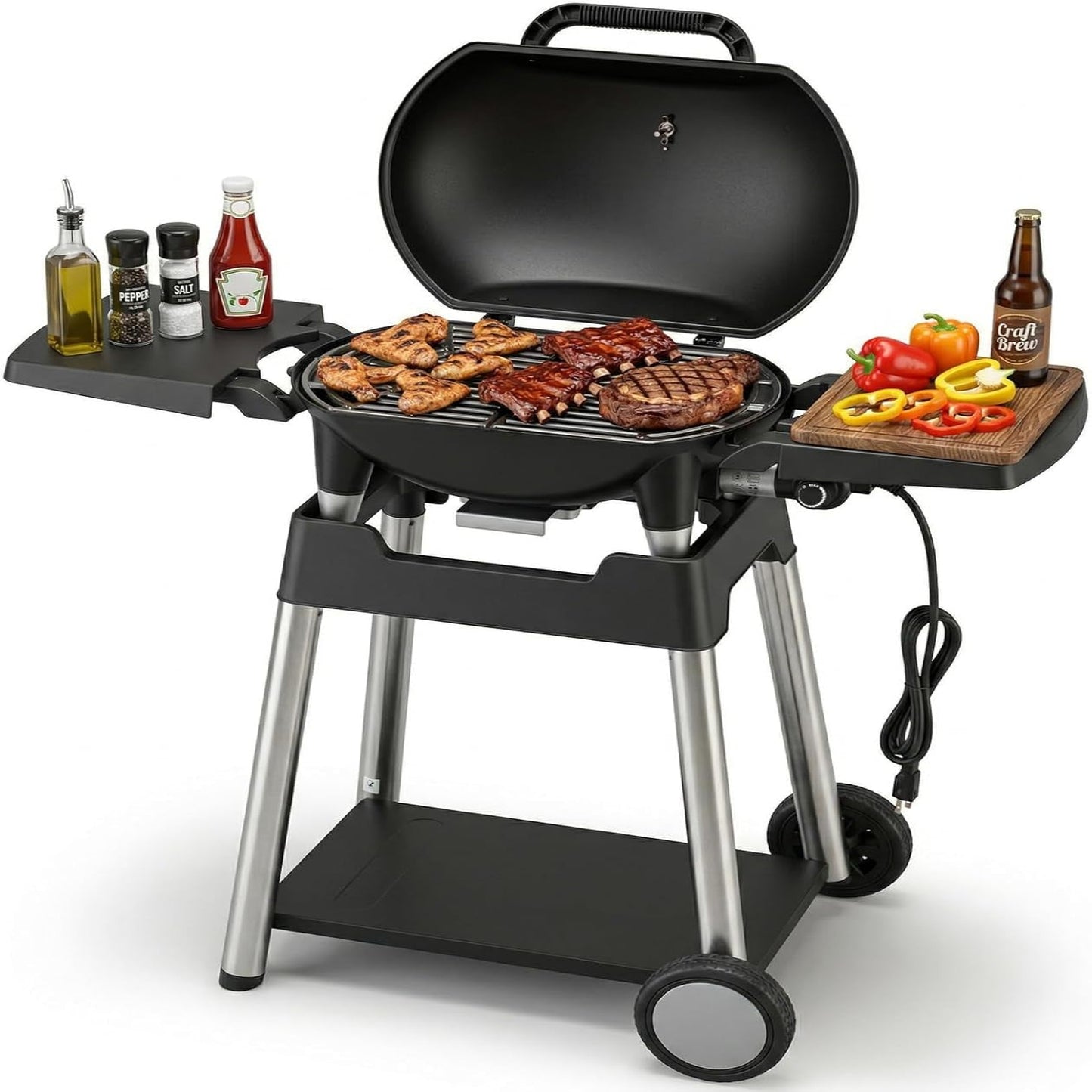 Electric Grill Outdoor Grill, 1500W Power, 277 Sq.In Cooking Area, Removable Wheeled Cart Style, Indoor/Outdoor Eletric Grill, Nonstick Grill Grate, Built-In Thermometer BBQ Grill