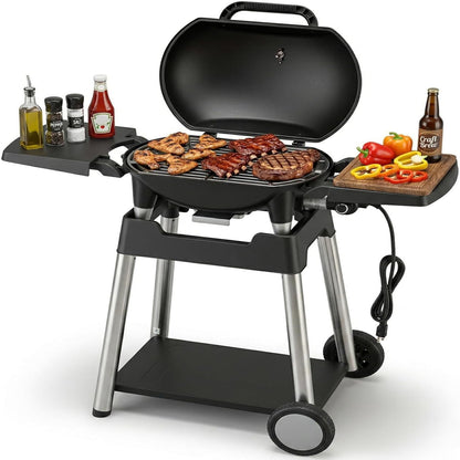Electric Grill Outdoor Grill, 1500W Power, 277 Sq.In Cooking Area, Removable Wheeled Cart Style, Indoor/Outdoor Eletric Grill, Nonstick Grill Grate, Built-In Thermometer BBQ Grill