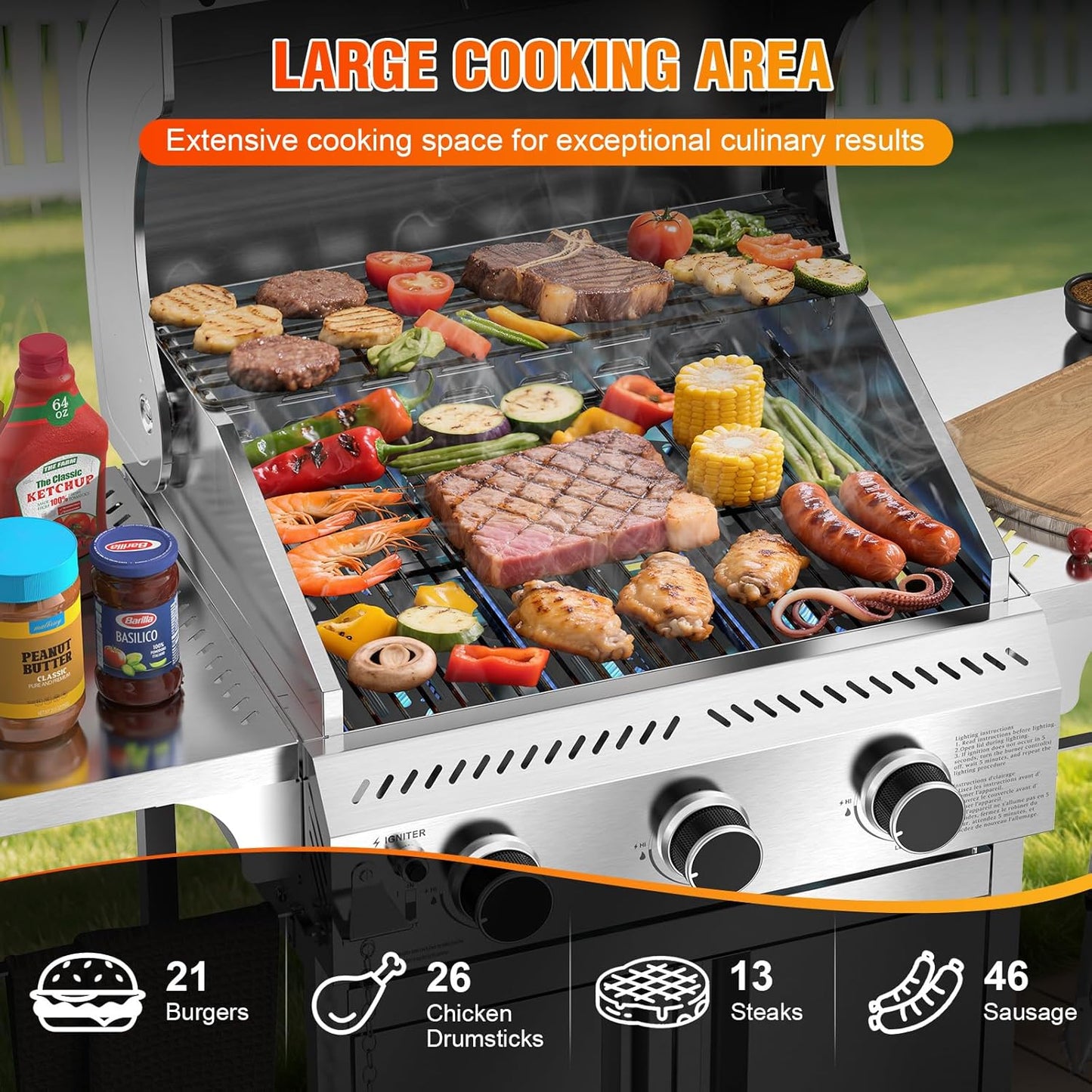G31 Gas Grill, 3-Burner Gas Grill with Folding Side Tables,Stainless Steel 24,000 BTU BBQ Grill,Outdoor Propane Grill for Barbecue,Patio,Camping
