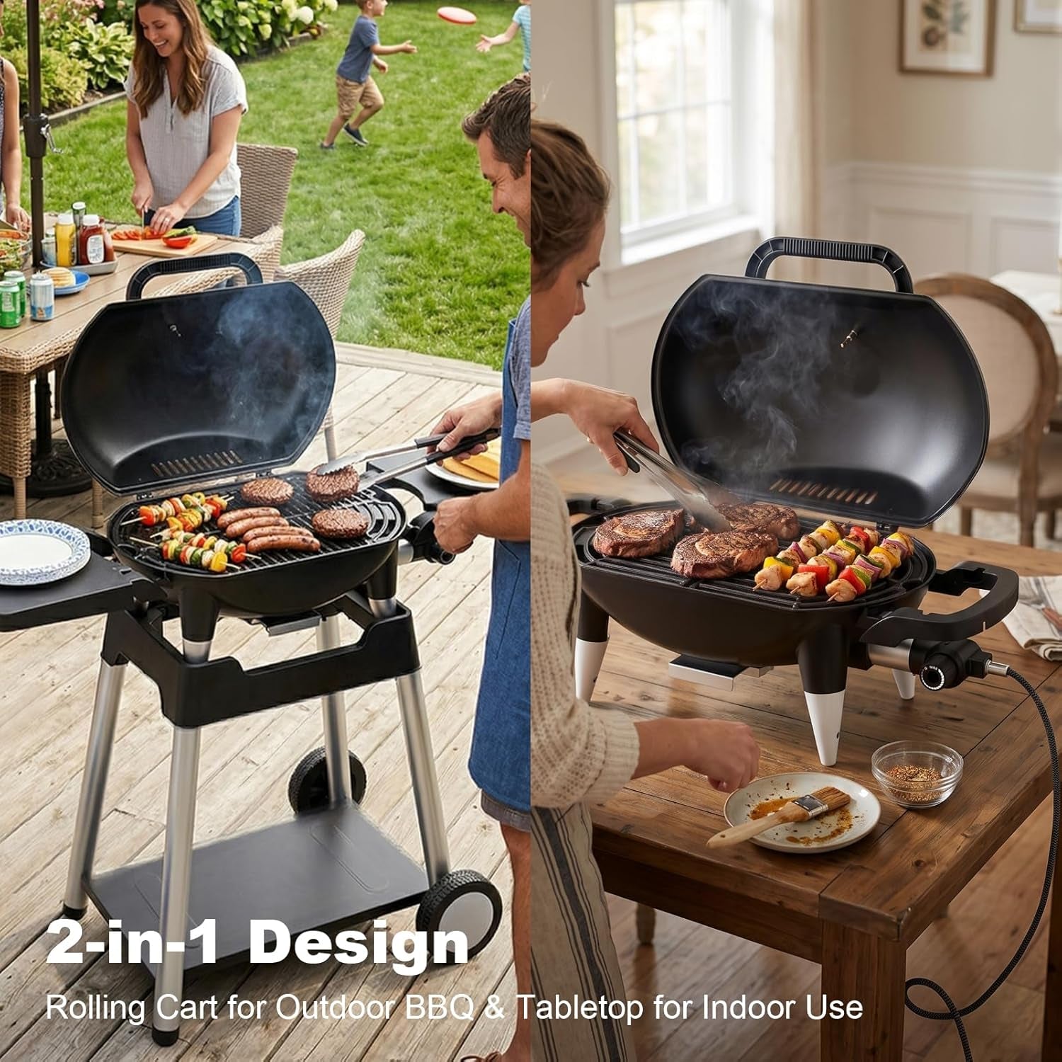 Electric Grill Outdoor Grill, 1500W Power, 277 Sq.In Cooking Area, Removable Wheeled Cart Style, Indoor/Outdoor Eletric Grill, Nonstick Grill Grate, Built-In Thermometer BBQ Grill