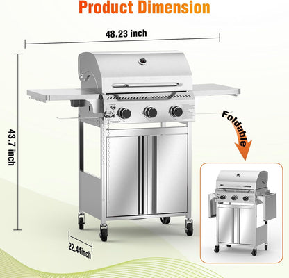 G31 Gas Grill, 3-Burner Gas Grill with Folding Side Tables,Stainless Steel 24,000 BTU BBQ Grill,Outdoor Propane Grill for Barbecue,Patio,Camping